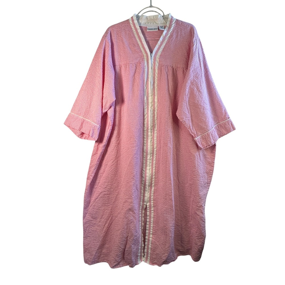 Country Store Pink Gingham Seersucker Robe Housecoat Cotton Zip Front 2X Plus